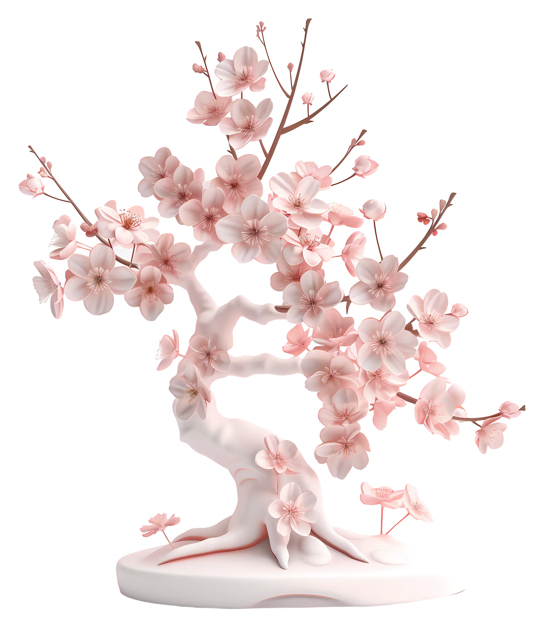 A computer-generated sculpture of a pink cherry blossom tree.
